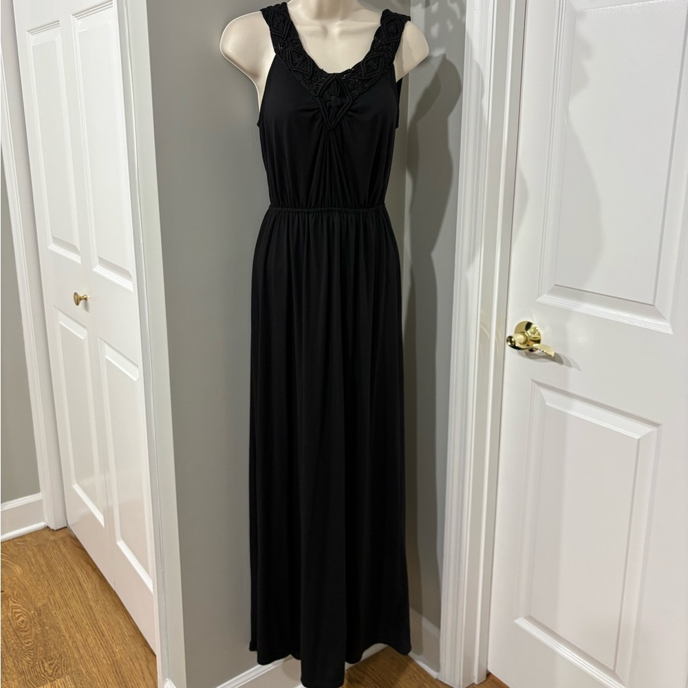 Black Macrame Trim Maxi Dress